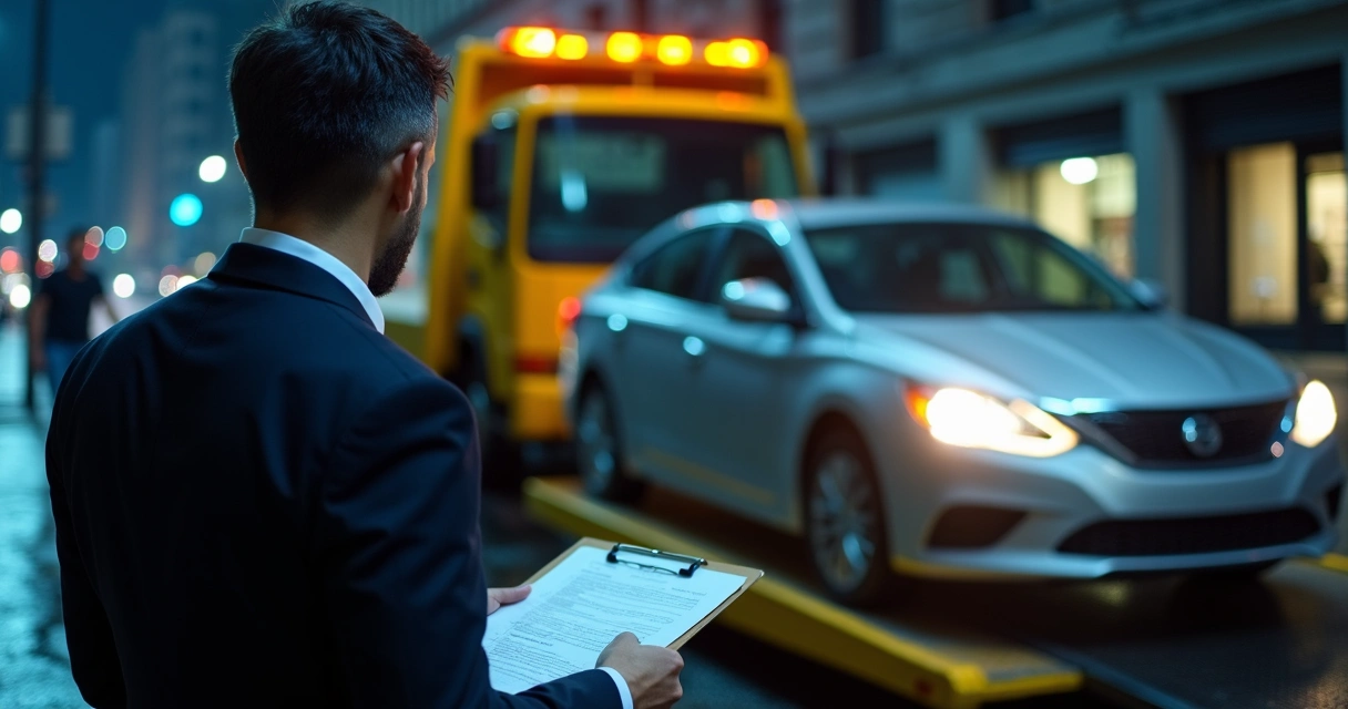 Carro em guincho à noite com advogado observando com pastas jurídicas 