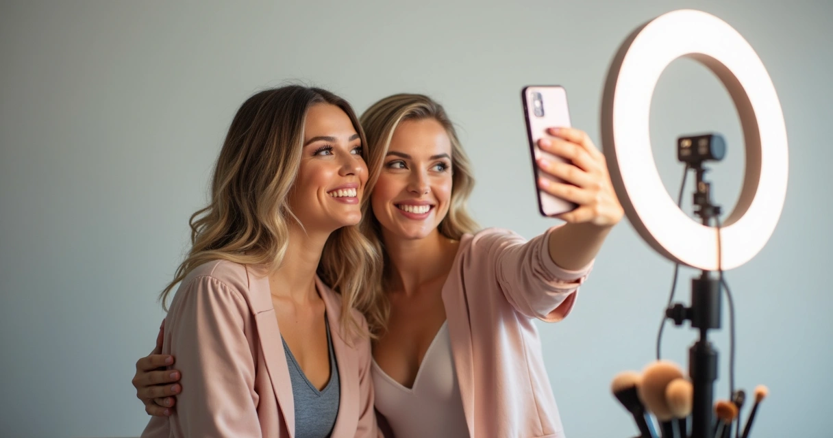 Maquiadora tira selfie de cliente após maquiagem com ring light 