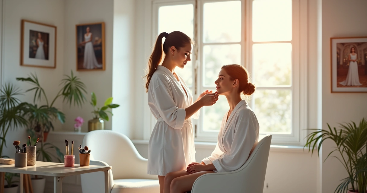 Maquiadora profissional prepara noiva para ensaio de casamento 