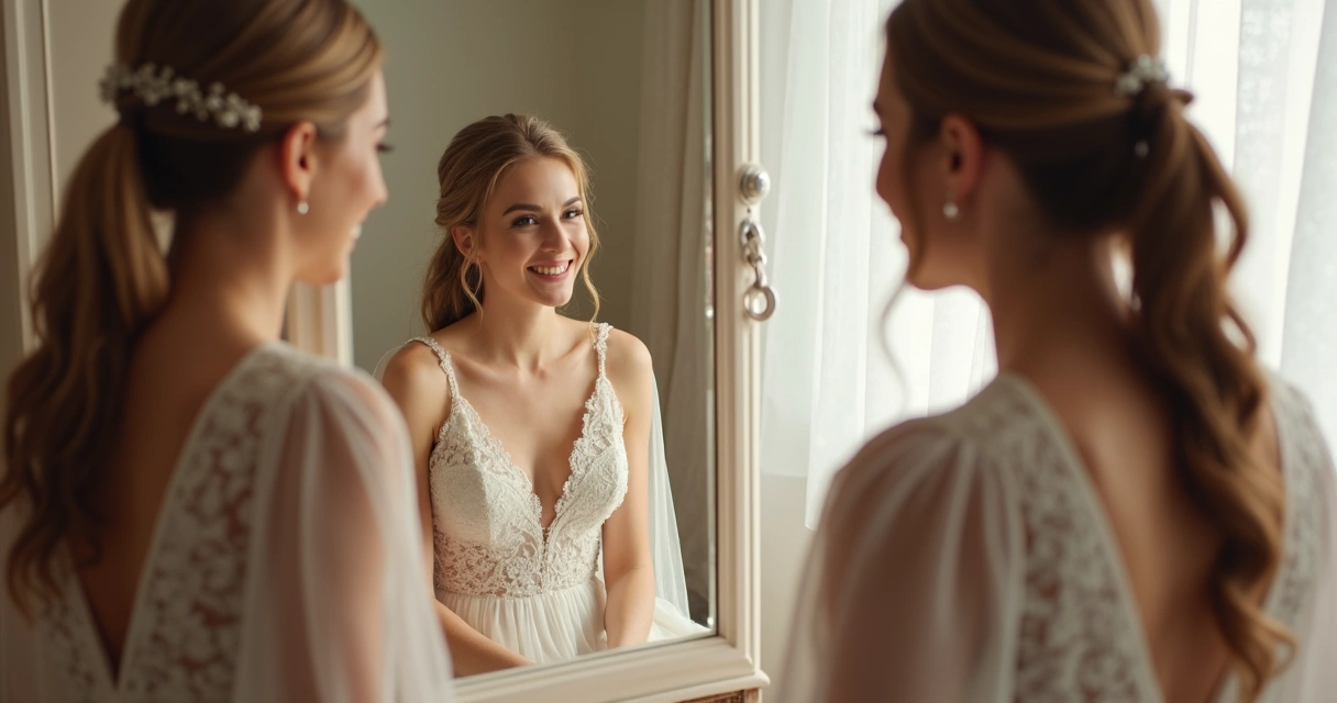 Noiva sorrindo em estúdio com poucas amigas ao redor 