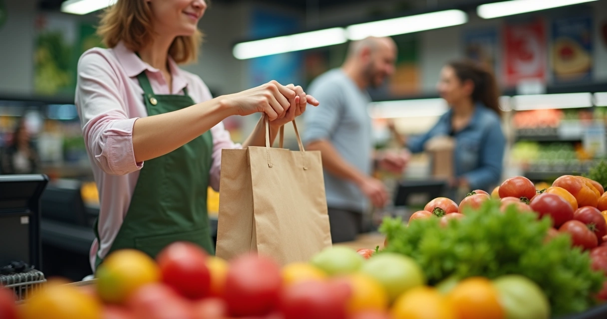 Person choosing reusable grocery bag at supermarket checkout