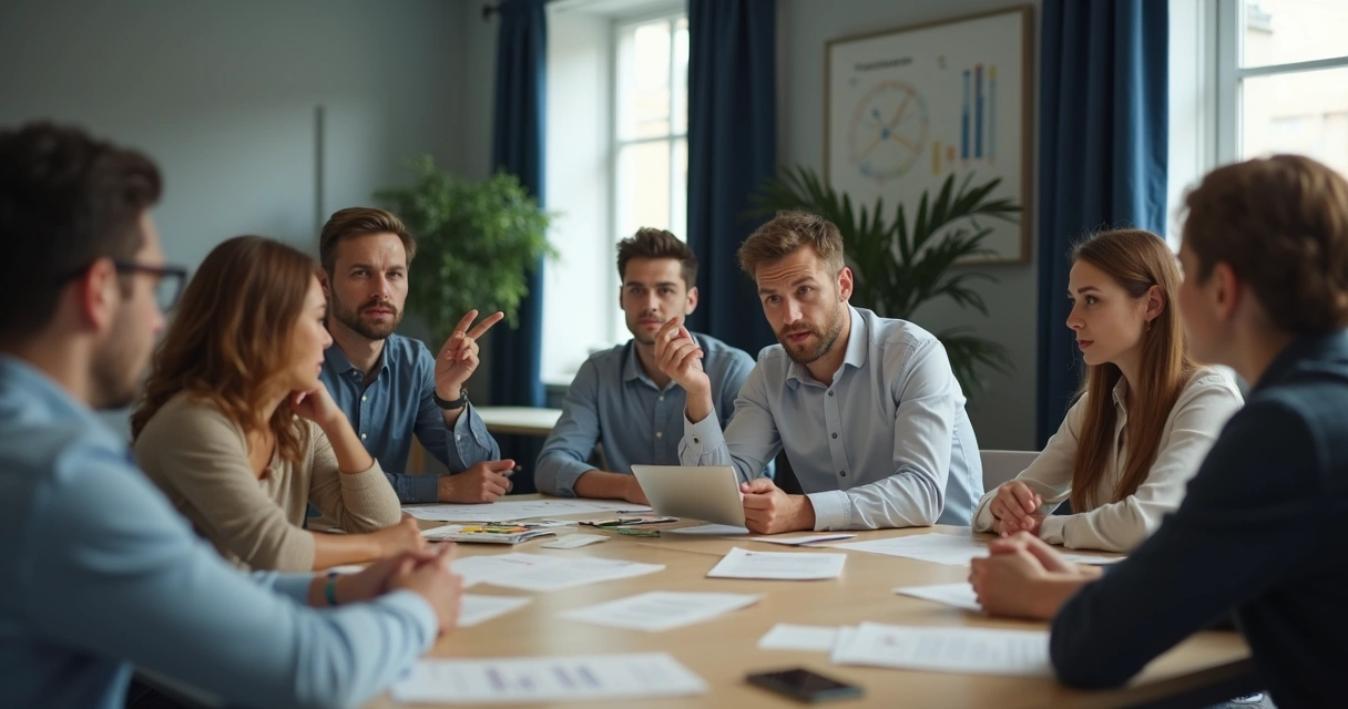 Grupo em reunião de trabalho olhando confusos para uma pessoa 