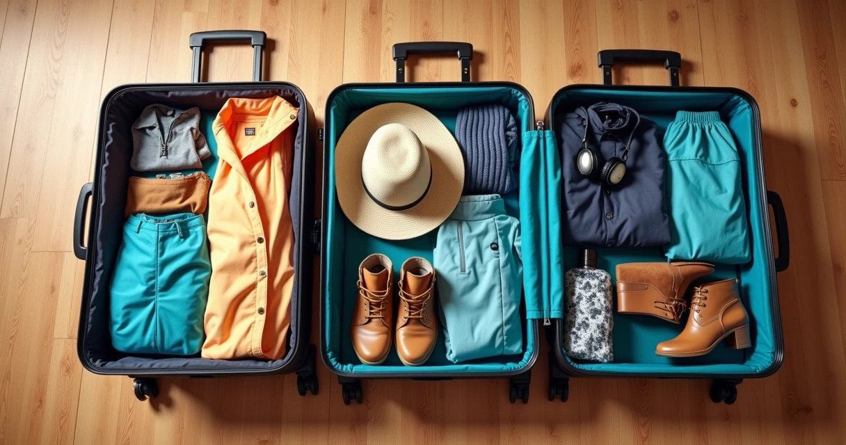 Três malas abertas mostrando itens para praia, campo e cidade lado a lado.