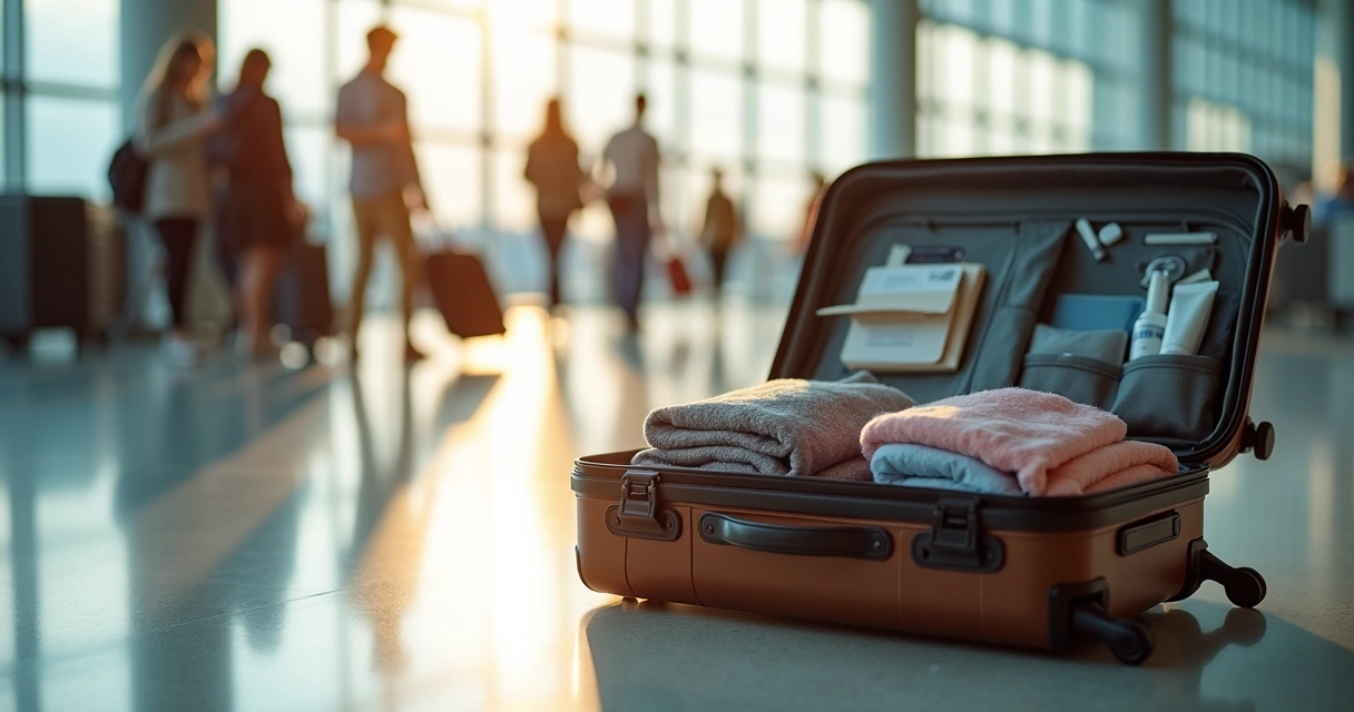 Mala aberta no aeroporto com itens organizados para viagem 