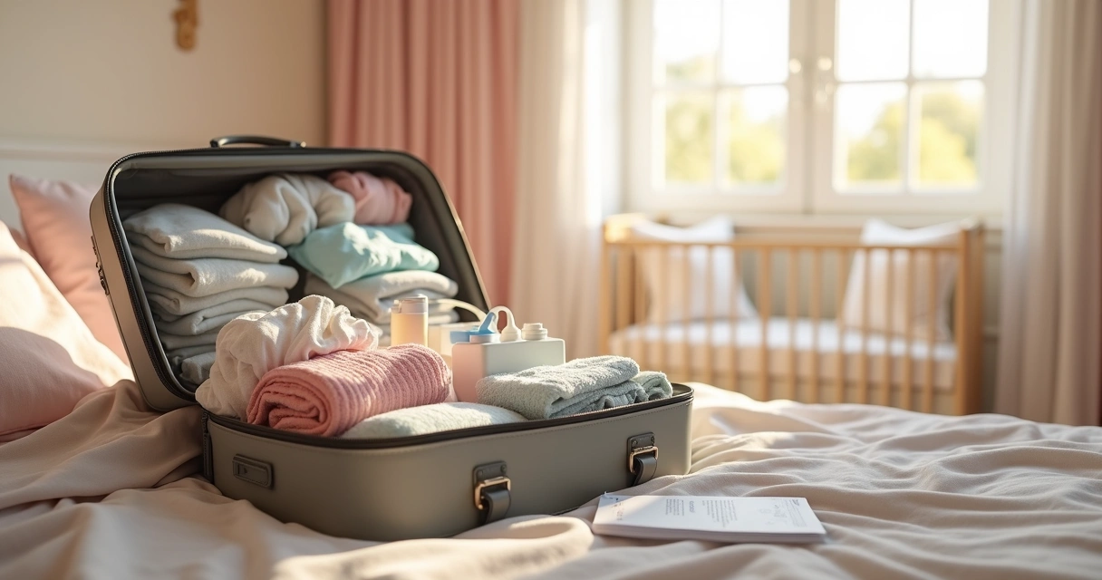 Mala da maternidade organizada com roupas de bebê, fraldas, itens de higiene e documentos em um quarto iluminado 