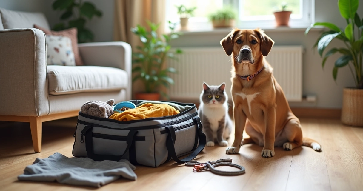 Cão e gato ao lado de uma mala aberta com itens essenciais para hospedagem pet 