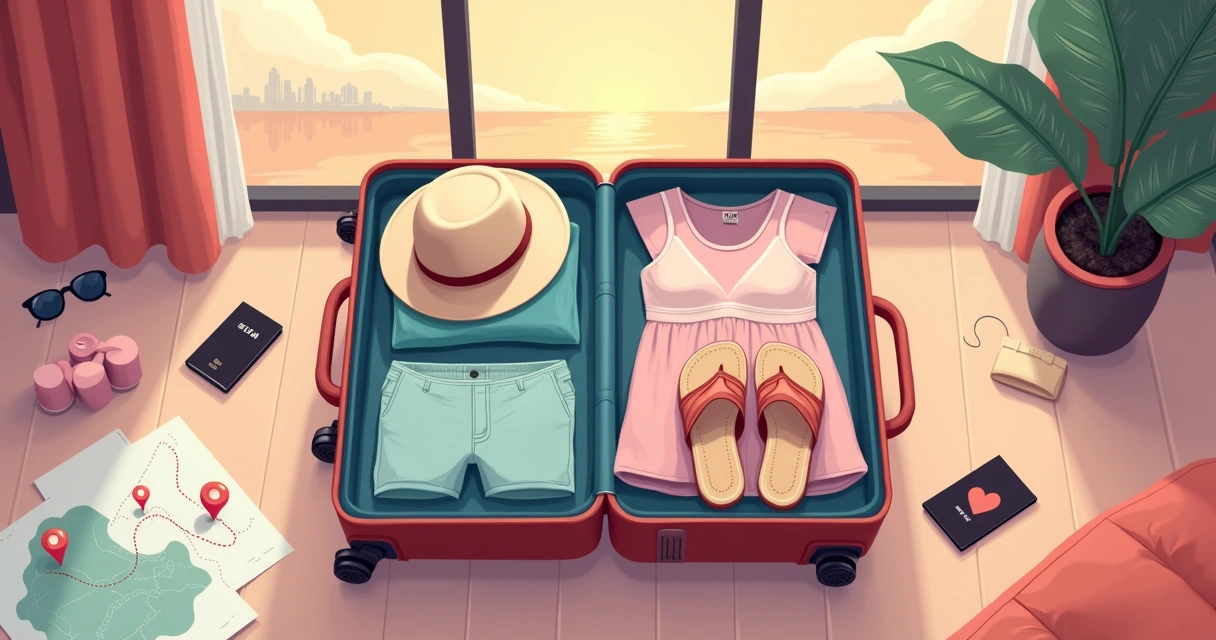 Mala de viagem aberta com kit íntimo organizado entre roupas e acessórios de férias 