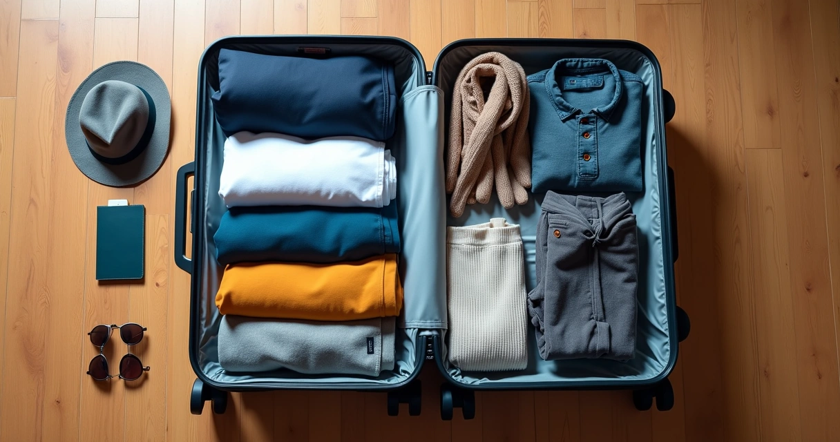 Mala de mão aberta com roupas organizadas para diferentes climas