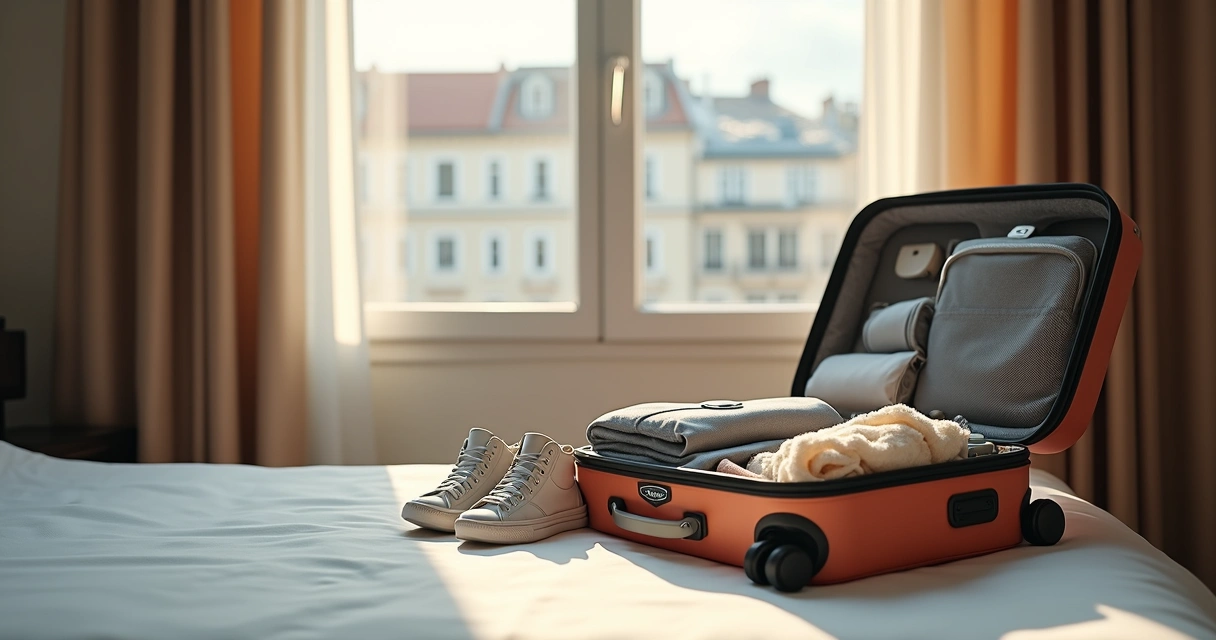 Mala de mão e mochila ao lado de uma janela com vista para Europa