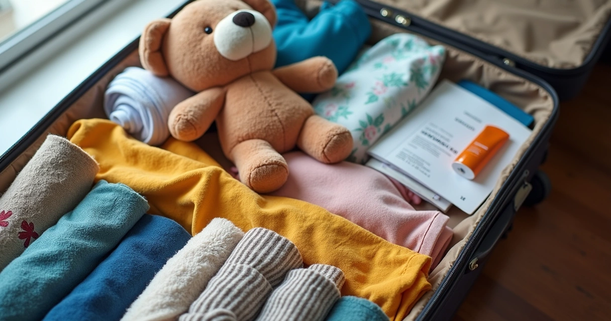 Mala de viagem aberta com roupas e itens organizados para família 