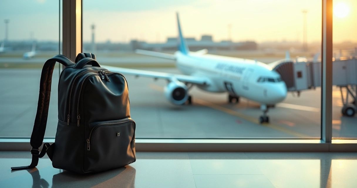 Mochila pequena ao lado de janela de aeroporto 