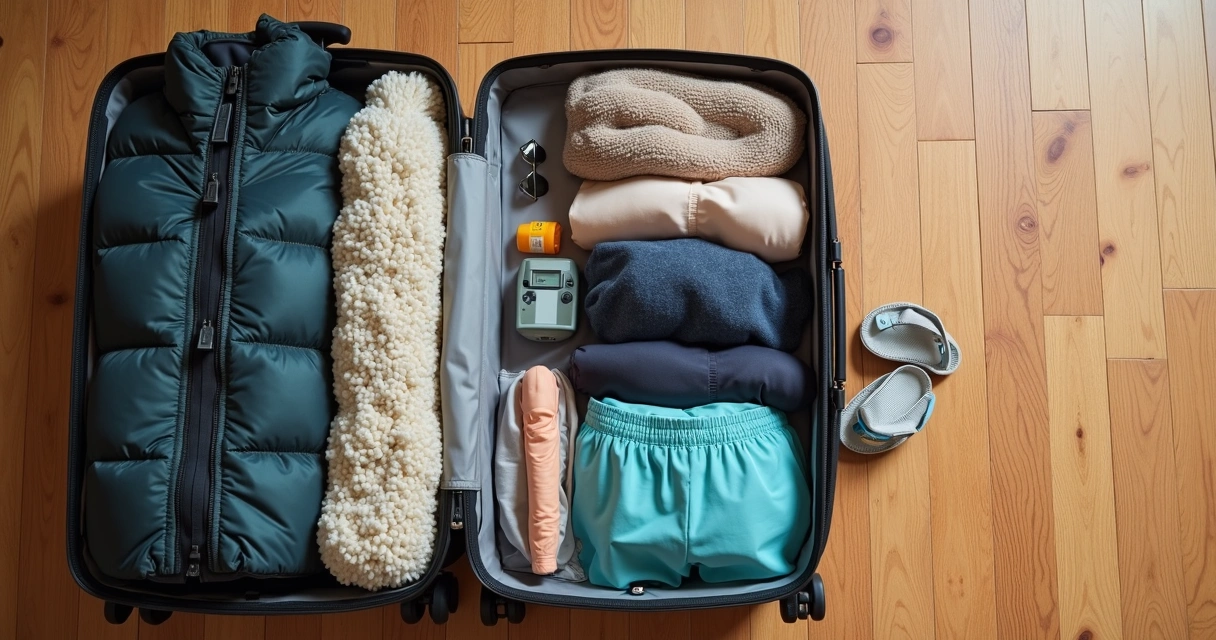 Mala aberta com roupas para frio e calor, calçados e acessórios diversos