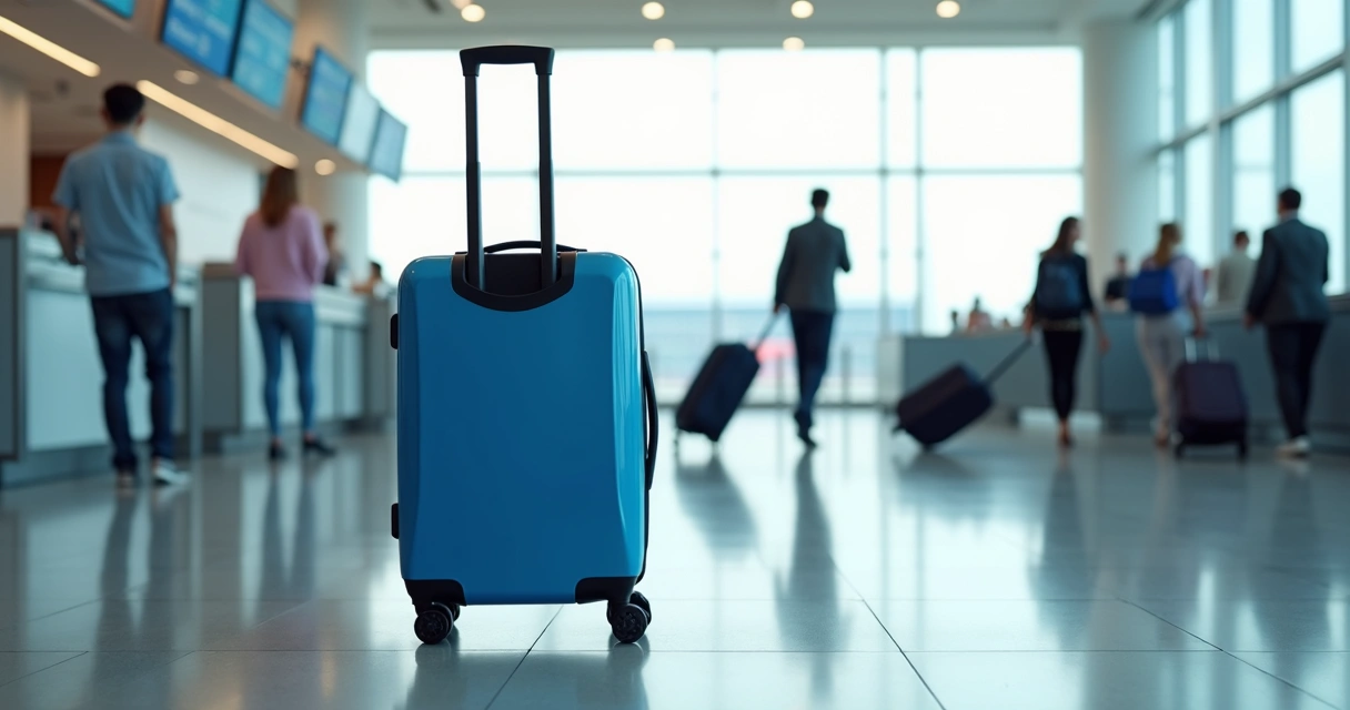Mala de viagem azul com rodinhas 360 graus em aeroporto 