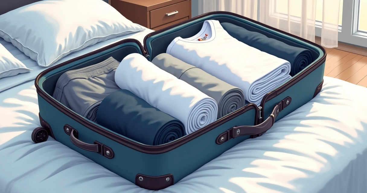 Mala de viagem aberta com camisetas masculinas dobradas em rolinho lado a lado