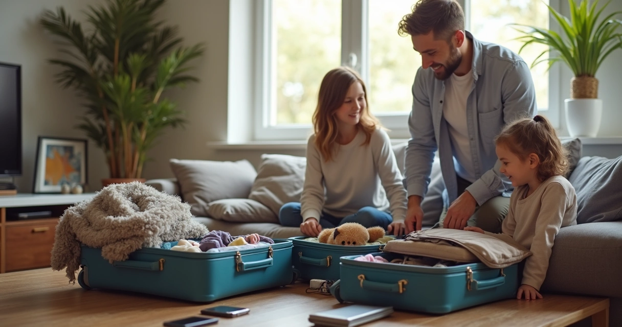 Malas organizadas em sala de casa de férias, representando a preparação para viagem 