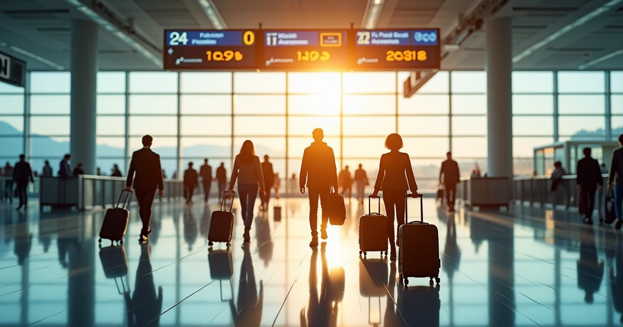 Passageiros andando com malas no aeroporto iluminado 