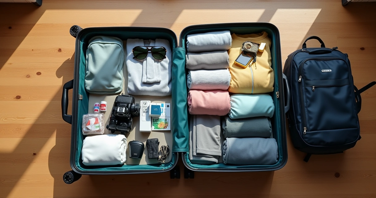 Duas malas abertas organizadas com roupas, guias de viagem e acessórios prontos para uma viagem