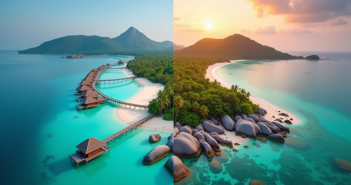 Montagem contrastando praia das Maldivas com praia das Seychelles ao pôr do sol 