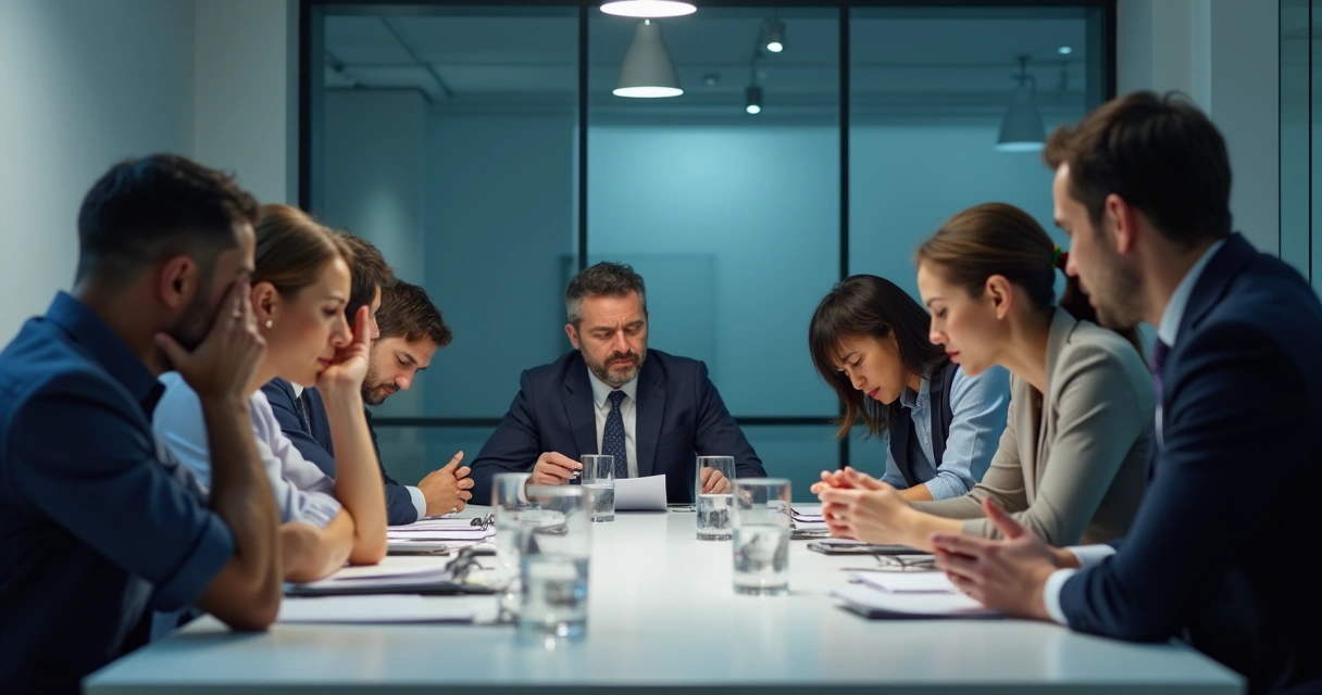 Personas de un equipo de trabajo reunidas, con expresiones de malestar y distancia emocional 