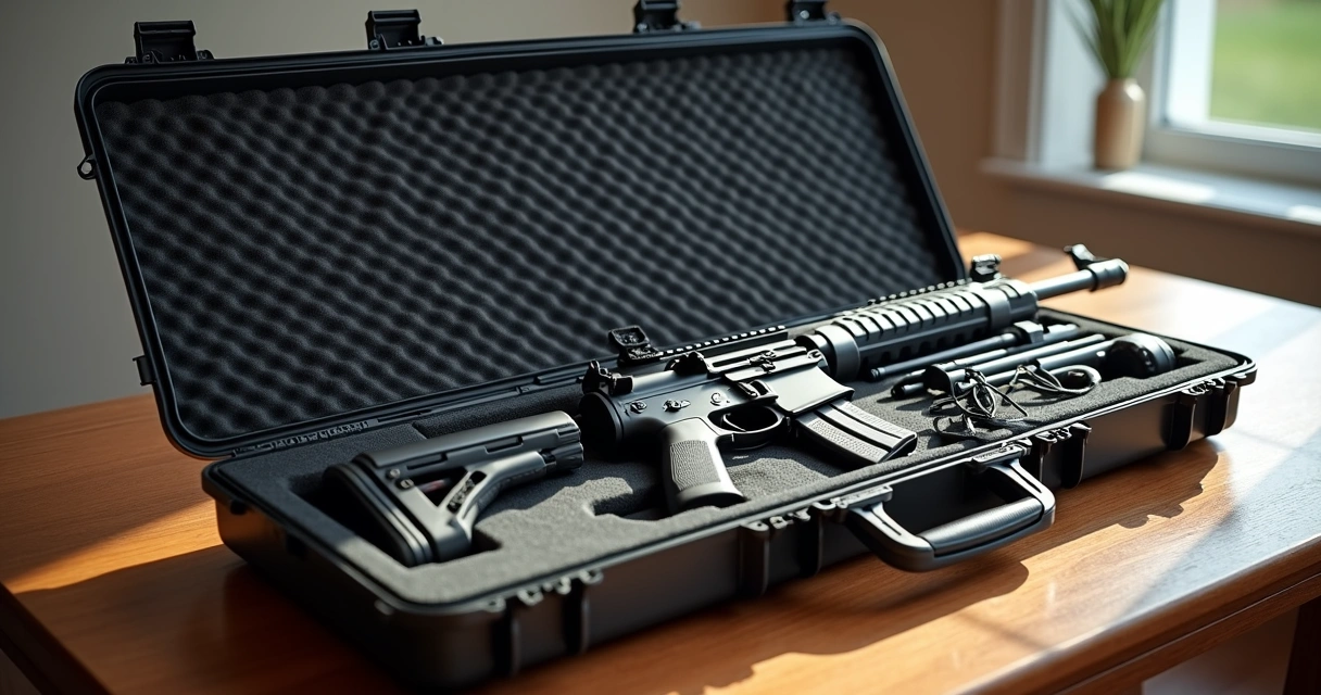 Maleta rígida aberta com acessórios e rifle de airsoft organizados 