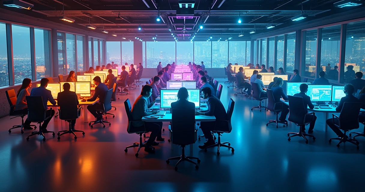 Esquema colorido mostrando equipes de vários setores de uma empresa interligadas por fluxos de dados