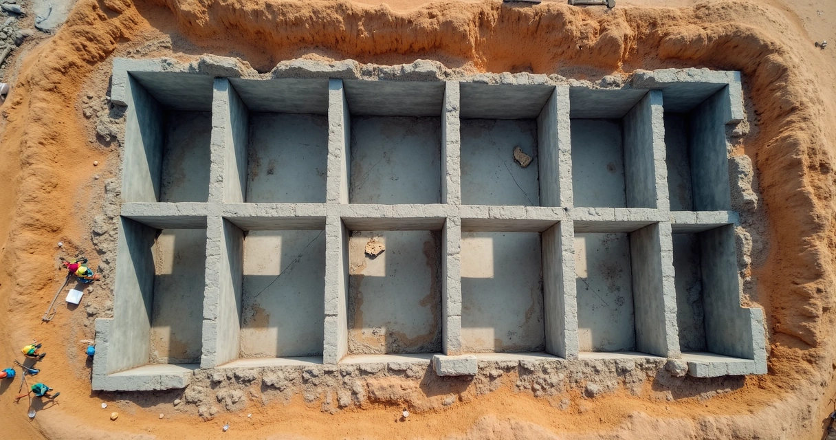 Malha de vigas baldrame entrelaçadas em canteiro de obras 