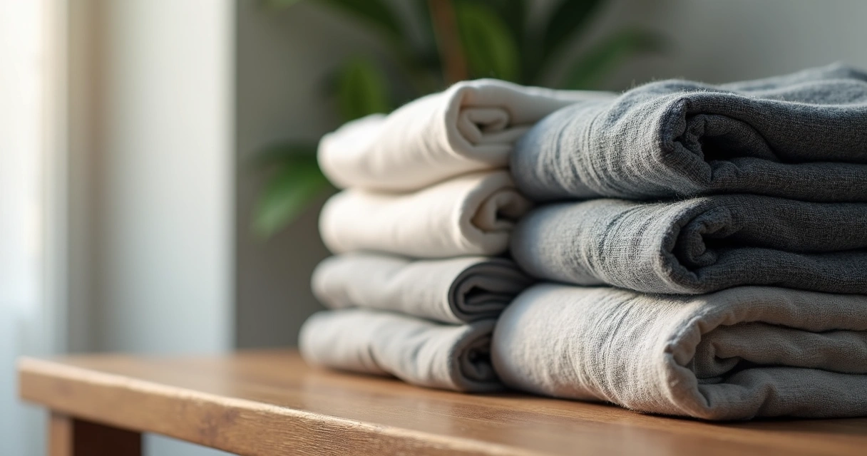 Diferentes tipos de camisetas em tecidos diversos, incluindo algodão, poliéster e dry fit, dispostas lado a lado em uma mesa de madeira 