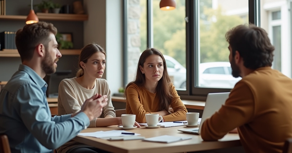 Grupo en reunión social donde una persona malinterpreta las emociones de otra 