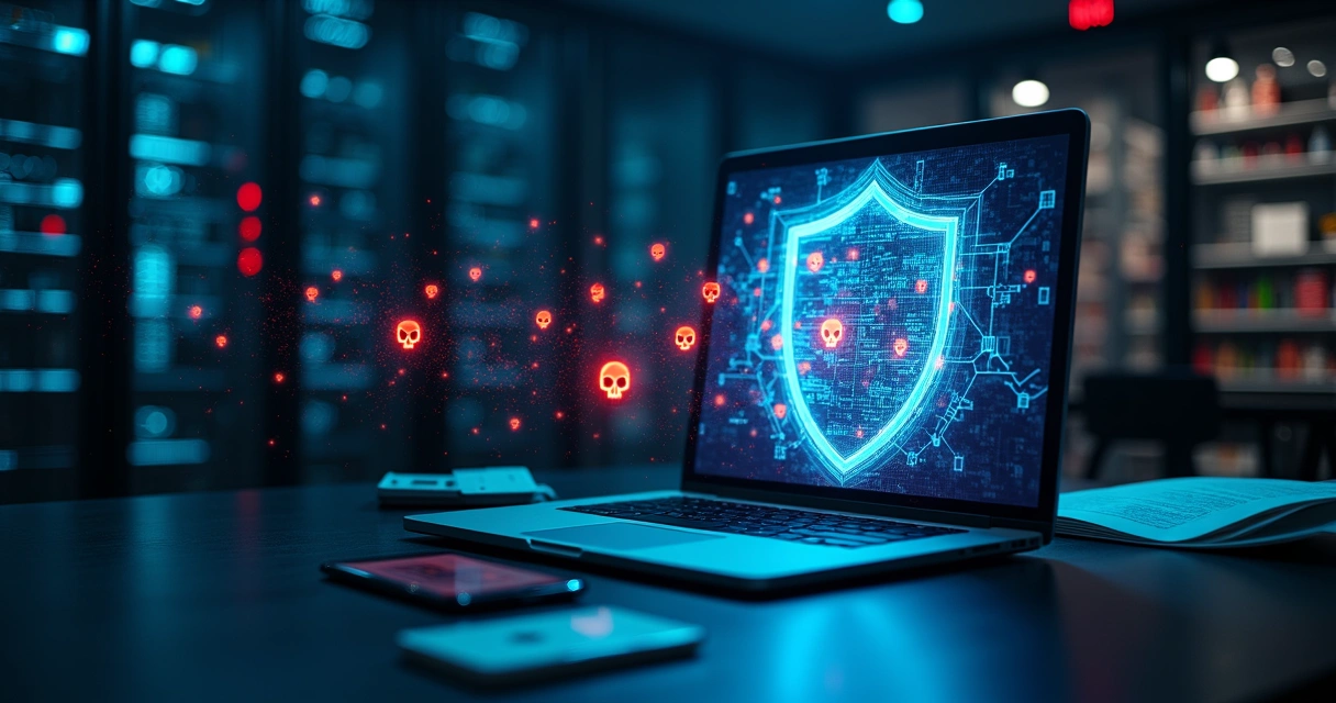 Rede corporativa escura com notebook aberto cercado por ícones de malware bloqueados por escudo digital 