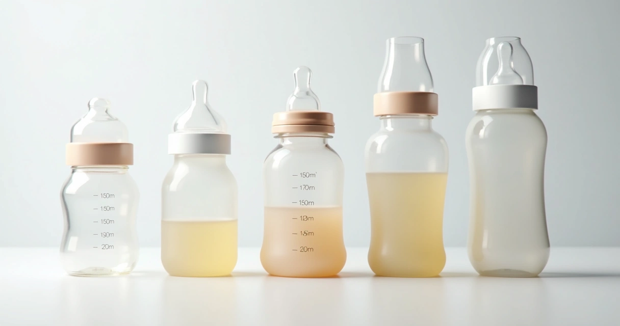 Mamadeiras de vidro, silicone e plástico lado a lado com diferentes tamanhos 