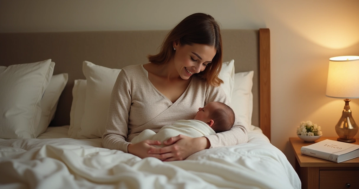Mãe cristã acomodando bebê em sling dentro do quarto à noite 