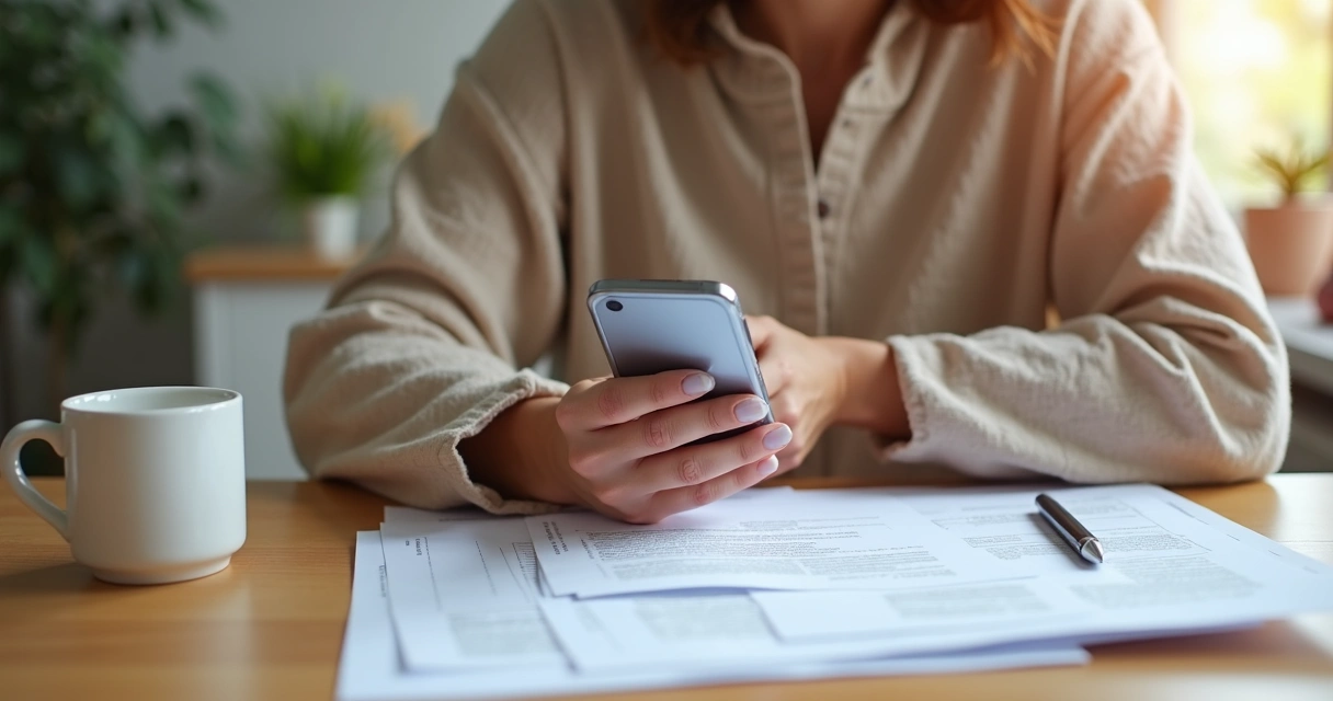 Mulher segura documentos e celular em mesa de madeira, analisando como solicitar o benefício do auxílio maternidade. 