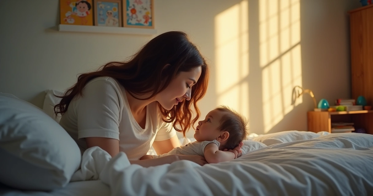 Mãe ajoelhada em oração com filho pequeno no colo, dentro de casa iluminada e acolhedora. 