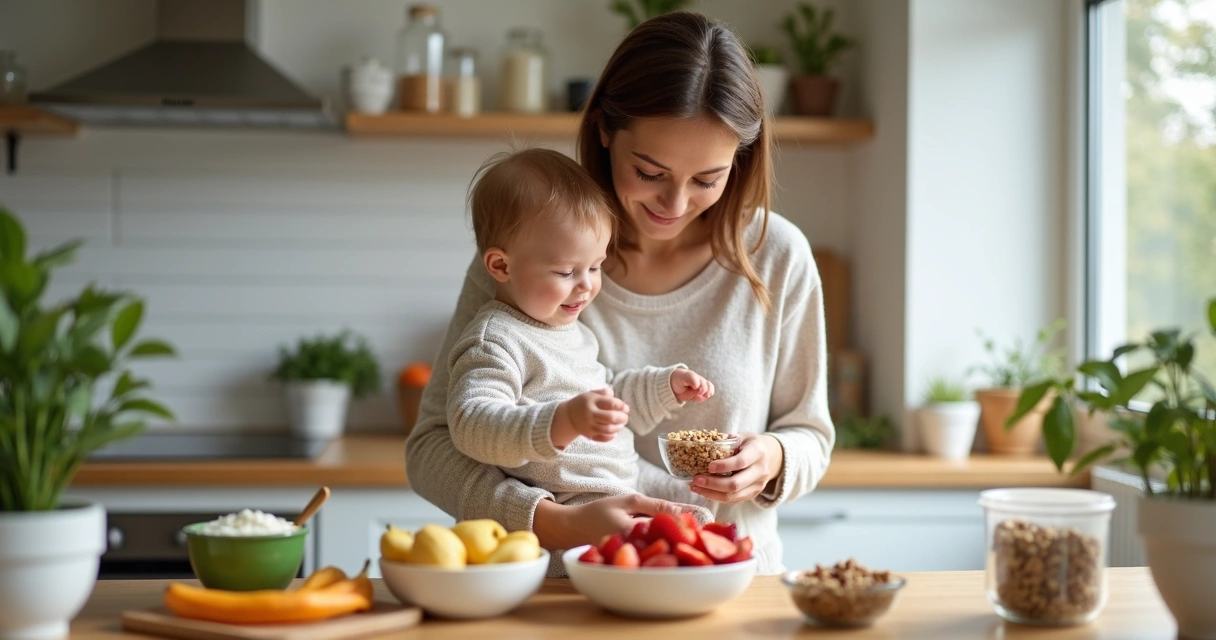 Mãe segurando um bebê no colo enquanto prepara lanche saudável com frutas e iogurte na bancada da cozinha 