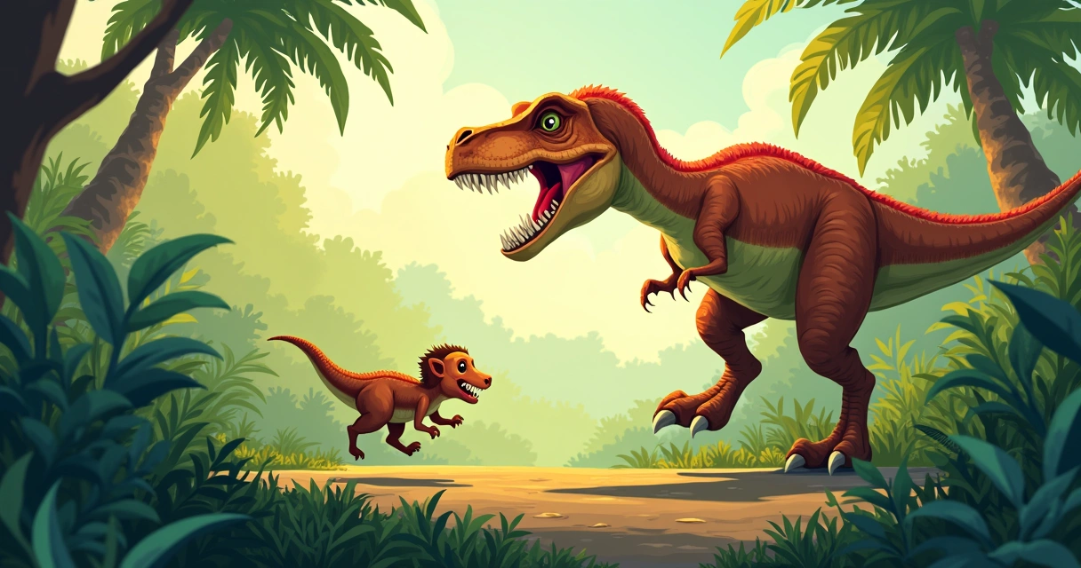 Mamífero bebê correndo e fugindo de dinossauro faminto 