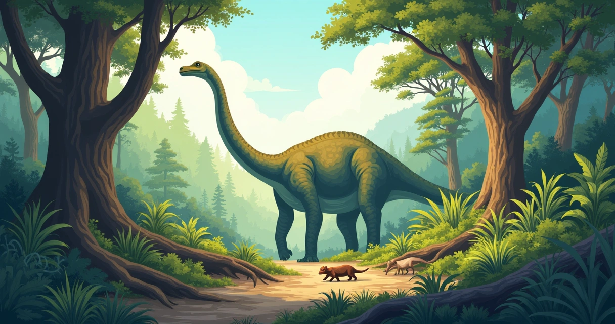 Mamíferos pequenos vivendo próximos a dinossauros em uma floresta pré-histórica 