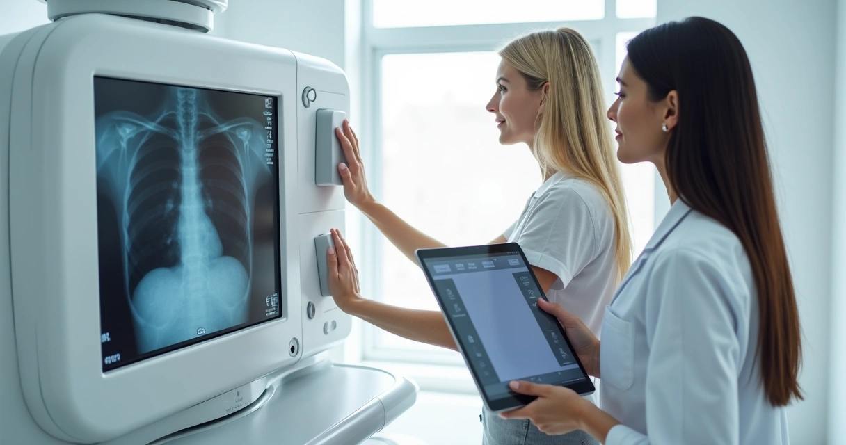 Paciente em aparelho de mamografia realizando exame de câncer de mama 