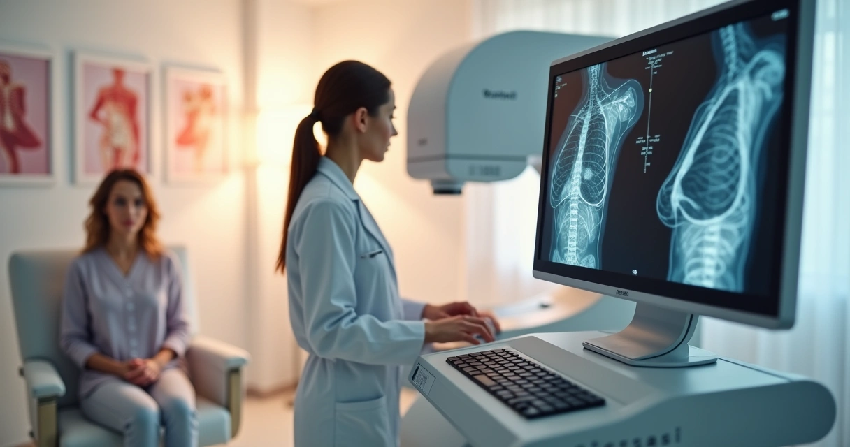 Equipamento moderno de mamografia com tela exibindo imagem digital da mama feminina, em sala clínica iluminada e ambiente acolhedor para exame de mama 