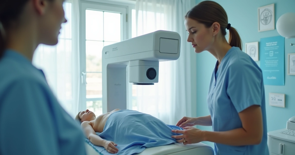 Exame de mamografia sendo realizado em clínica médica com equipamento moderno 