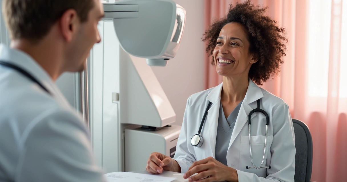 Técnica de mamografia preparando paciente para exame 