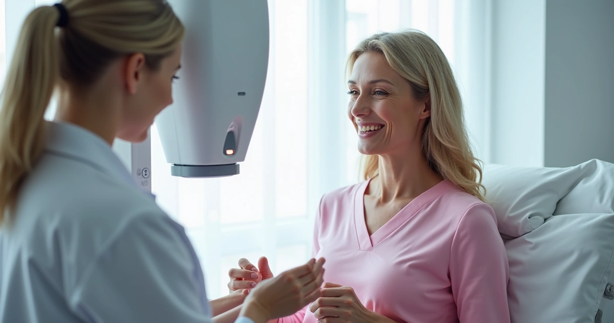 Mulher fazendo mamografia em clínica moderna 