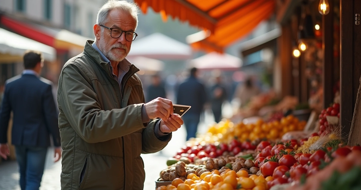 Man making a purchase with a credit card at a foreign outdoor market stand