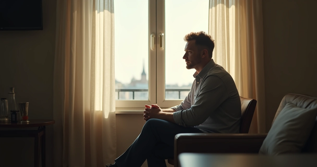 Man sitting alone by a window during daylight, hands on lap, looking outwards