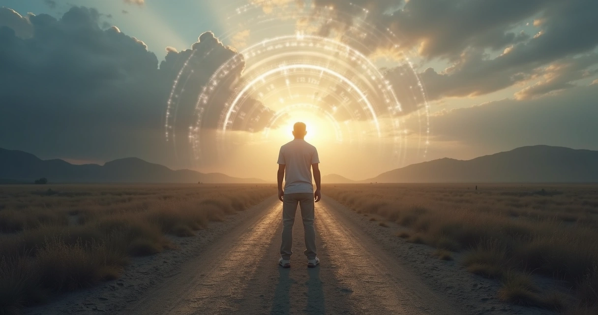 Person standing at a crossroads between darkness and light 