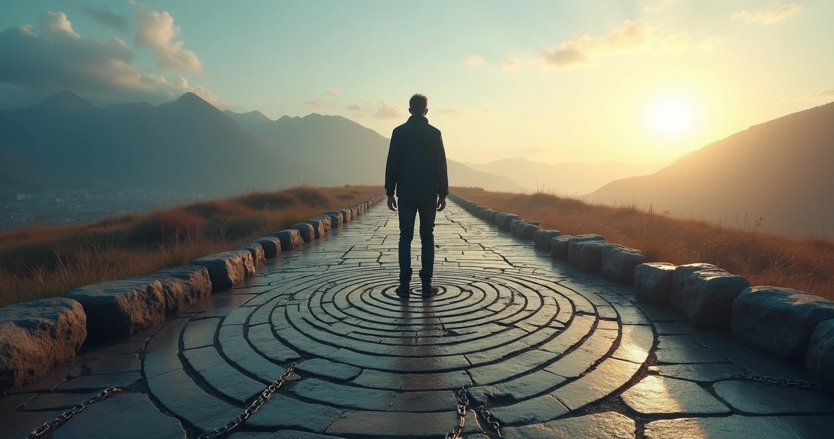 Person standing at a crossroads facing broken chains and repeating maze patterns 
