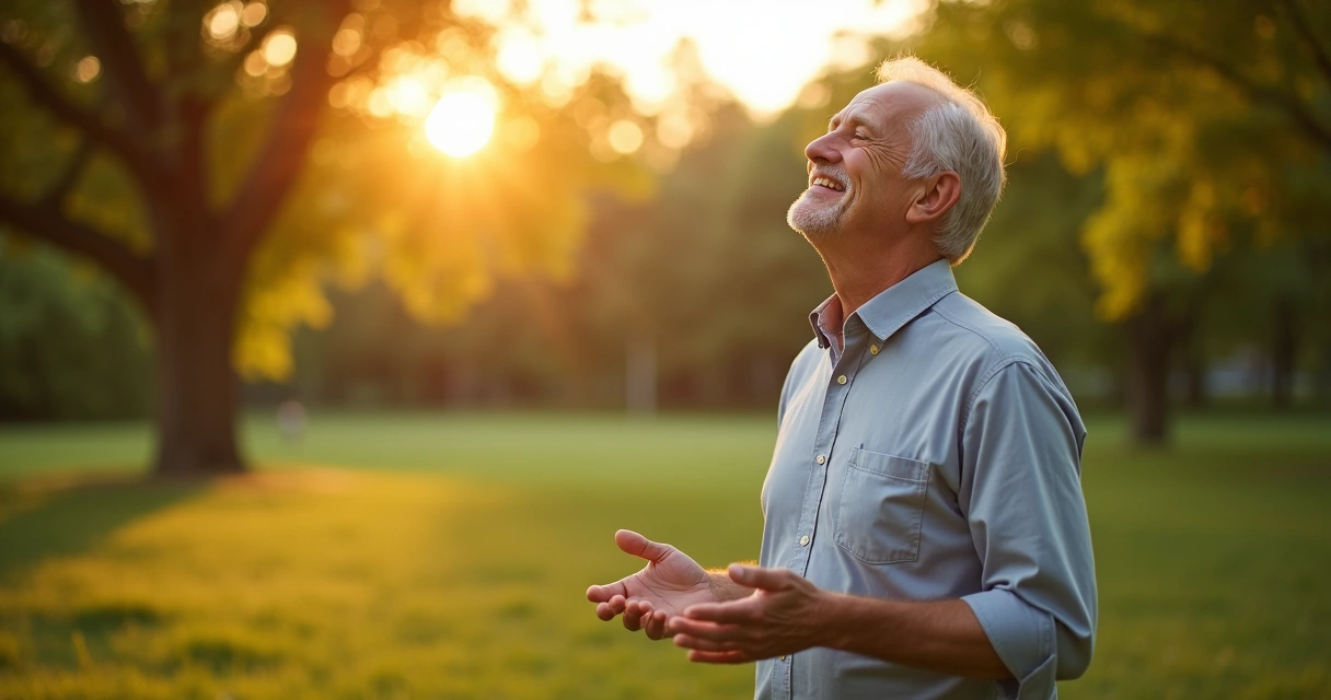 Man standing outdoors, breathing fresh morning air 