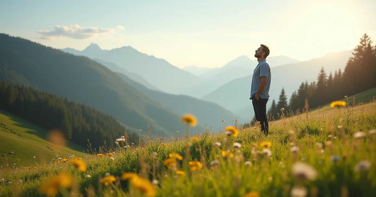 Man standing on a grassy hill, eyes closed, taking a deep breath in nature. 