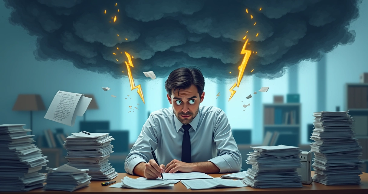 Person at desk with storm clouds above, surrounded by exaggerated paperwork chaos 