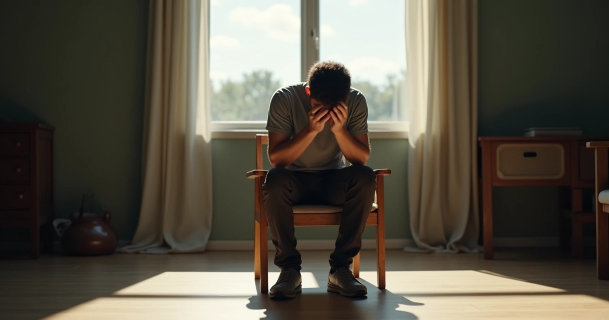 Man sitting with hands covering his face, feeling overwhelmed 