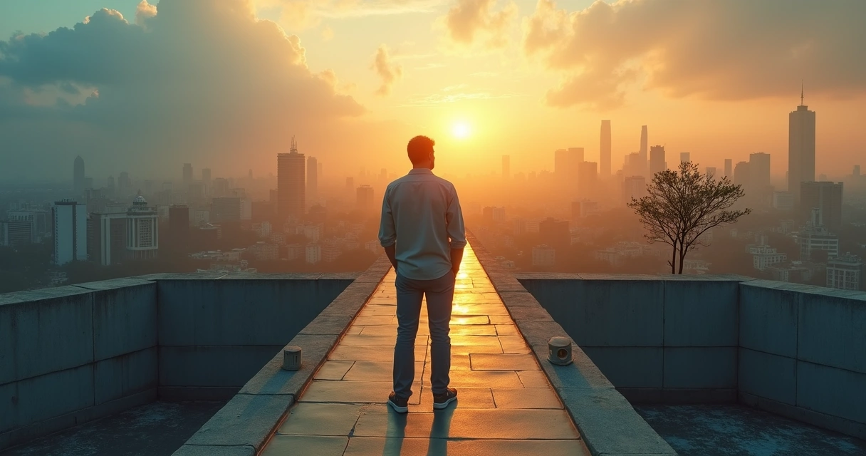 Person standing at a crossroads choosing between survival and growth 